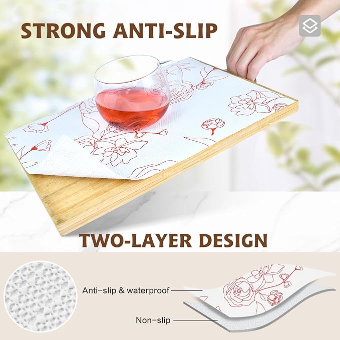 Shelf Liners for Kitchen Cabinets 12in x 20FT Non Adhesive Drawer Liner Red and White Floral Thickened Shelf Liner Paper Strong Non-Slip Easy to Clean for Tool Box with Knife and Tape Measure