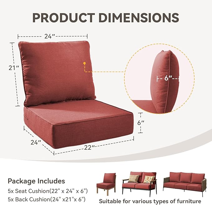 Outdoor Cushion Set for Furniture Patio Furniture, UV Resistant, Water Resistant - 6 Inch Thick Foam Garden Cushions– 22x24 Inch Patio Seat Covers for Chair/Sofa/Couch | Red | 5-Pack |