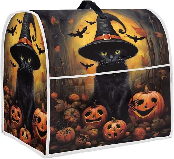 Halloween Mixer Covers - Black Cat Pumpkin Indoor Kitchen Decorations, Polyester Dustproof Cover with Pockets, Compatible with 4.5-5 Quart Stand Mixer