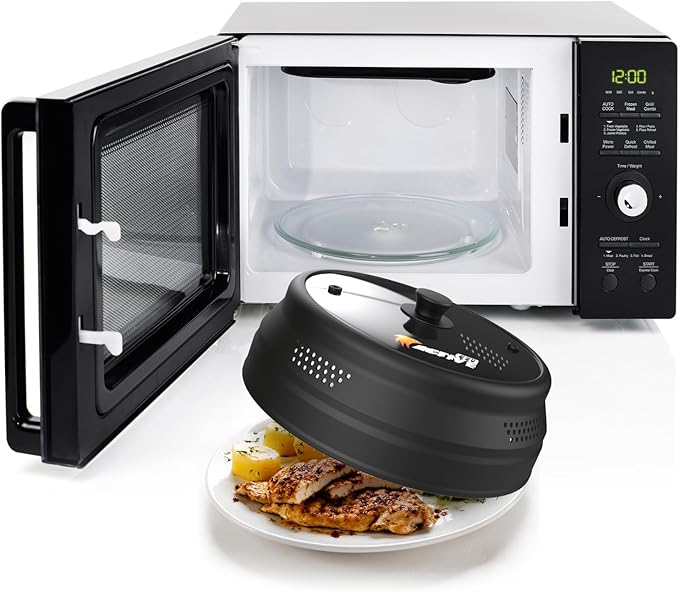 Collapsible Microwave Cover for Food - Silicone and Glass Splatter Guard Lid for 6-12 inch Plates & Bowls, Dishwasher Safe, Heat Resistant, BPA-Free, Black