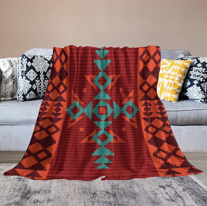 Aztec Throw Blanket, Red Native Southwestern Boho Blanket for Couch Bed Chair Outdoor Travel 60"x80"