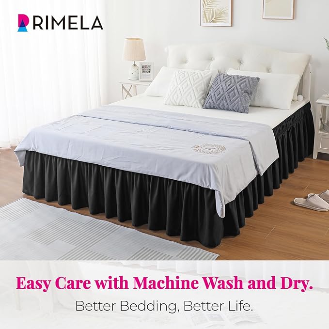 RIMELA Black Bed Skirt King Size 25 Inch Drop, Elastic Bed Skirting for Bed Base and Frame, Bedding Dust Ruffle Easy to Install, Lightweight Comforter Set with Wrap Around Adjustable Bedskirt