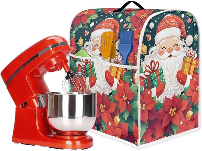Santa Claus Stand Mixer Cover Dust Protective Poinsettia Stand Mixer Covers For Kitchen Aid 4.5-5 Quart Mixers Dustproof Cloth Cover for Small Appliance Protector Gift for Holiday