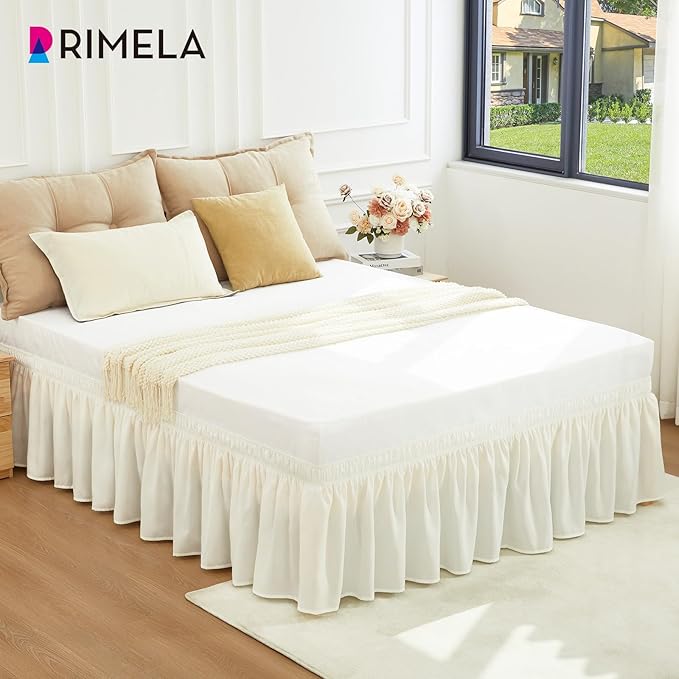 RIMELA Bed Skirts Full Size Cream Dust Ruffle 15 Inch Drop, Wrap Around Elastic Adjustable Bedskirt, Bed Skirt for Adjustable Bed Base, Soft Durable Fabric Machine Washable Easy to Install