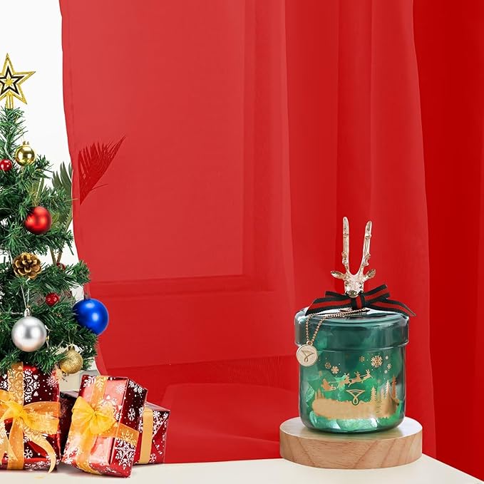 Sheer Curtains 45 Inches Long 2 Panels, Rod Pocket Short Curtain for Kitchen, Bedroom, Cafe Window(Red 38" W x 45" L)