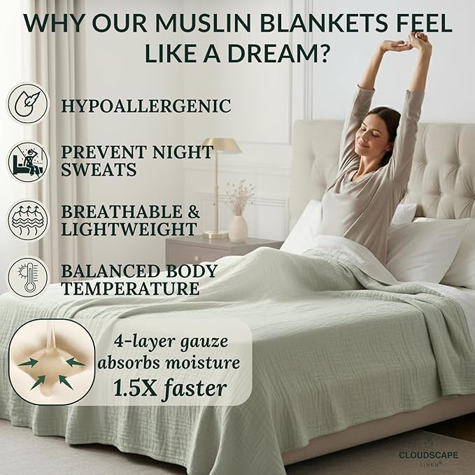 Cloud Scape Linen 4 Layer Oversized Muslin Blanket King Size - 100% Cotton, Lightweight & Breathable All Season Blanket for Bed, fits California King, 92x108, Seafoam Green