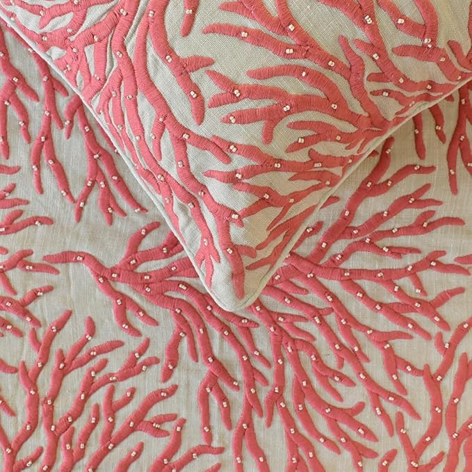 The HomeCentric King/Queen/Twin Coral, Peach & Pink Designer Twin 53"x18" Bed Runner with Pillow Cover, Coral, Pearl Embroidery, Under The Sea & Beach Theme On Linen Fabric - Coraline Pearls