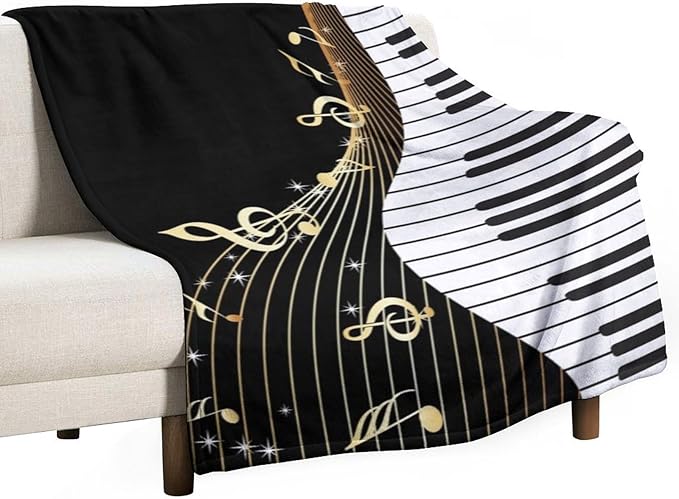 Music Note Blanket Black White Piano Keys Gold Music Note Soft Cozy Lightweight Throw Blanket for Kids Girls Boys Bedroom Living Room Dorm Chair Sofa Travel 70x80in