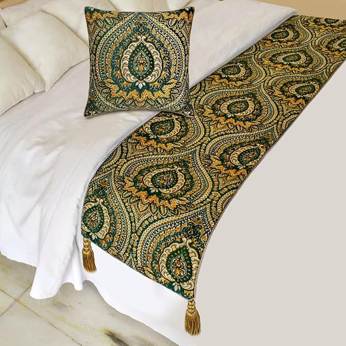 The HomeCentric King/Queen/Twin Green Designer Full 68"x18" Bed Runner with One Pillow Cover, Damask, Tassels & Tapestry Bed Scarf on Jacquard Fabric - Damask Tapestry
