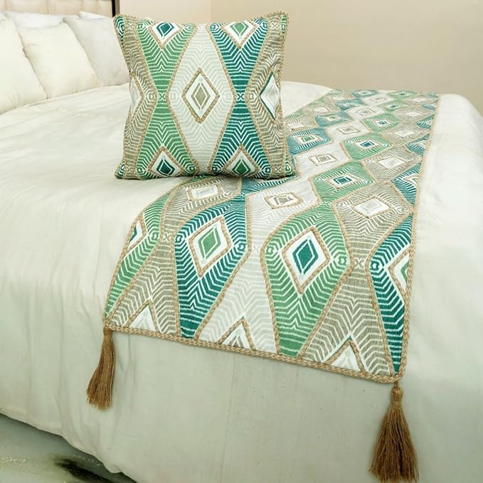 The HomeCentric King/Queen/Twin Green Designer King 90"x18" Bed Runner with Pillow Cover, Aztec, Jute Embroidery, Quilted, Tassels, Jute, Moroccan & Tribal Bed Scarf on Cotton Fabric - Chantico