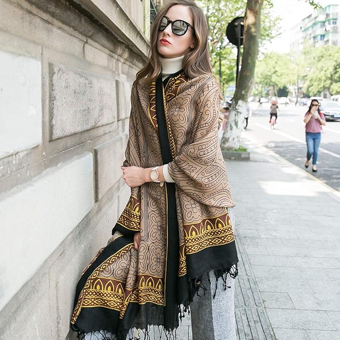 DANA XU 100% Merino Wool Pashmina Shawl for Women 96"x43", Oversized Cashmere Wrap with Tassels, Floral Travel Blanket Cape