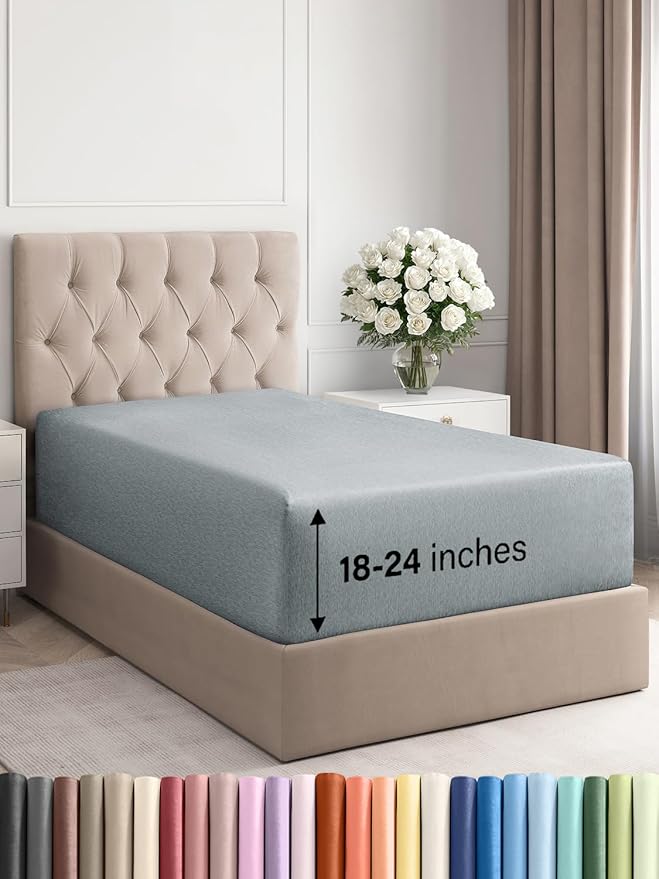 Extra Deep Twin Fitted Sheet - Hotel Luxury Single Fitted Sheet Only - Easily Fits 18 inch to 24 inch Mattress - Ultra Soft, Wrinkle Free with Extra Deep Pockets - Breathable & Comfy - Heathered Blue