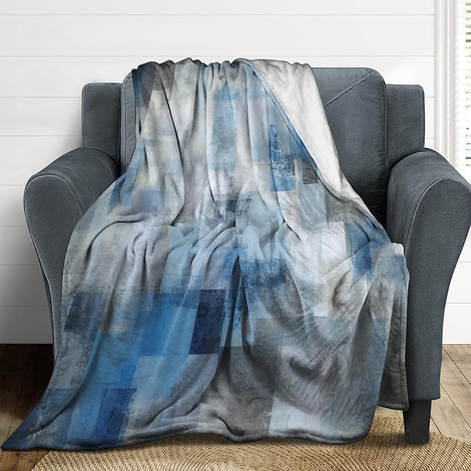 Fashion Gradient Blanket, Modern Art Abstract Blue Grey Check Painting Strokes Pattern Soft Warm Cozy Plush Flannel Covers for Livingroom Bedroom Couch Chair Camping Travel Home Decor Tapestry 40x50in