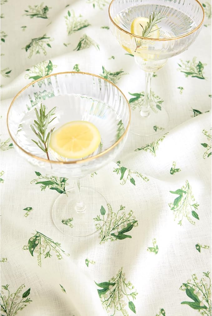 Solino Home Lily Floral Print Table Runner 108 Inches Long - 100% Pure Linen Table Runner 14 x 108 Inch - Lily of The Valley/Off White Print