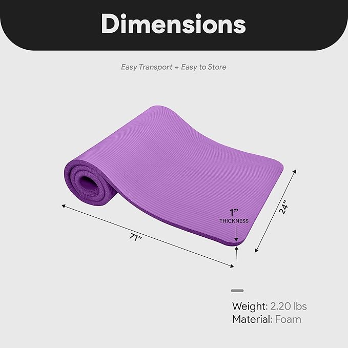 BalanceFrom GoCloud 71x24 Inches Extra Thick Yoga Mat 1-Inch High-Density Foam – Roll-Up Exercise Pad with Double-Sided Non-Slip Surface and Carrying Strap for Pilates and Home Workouts