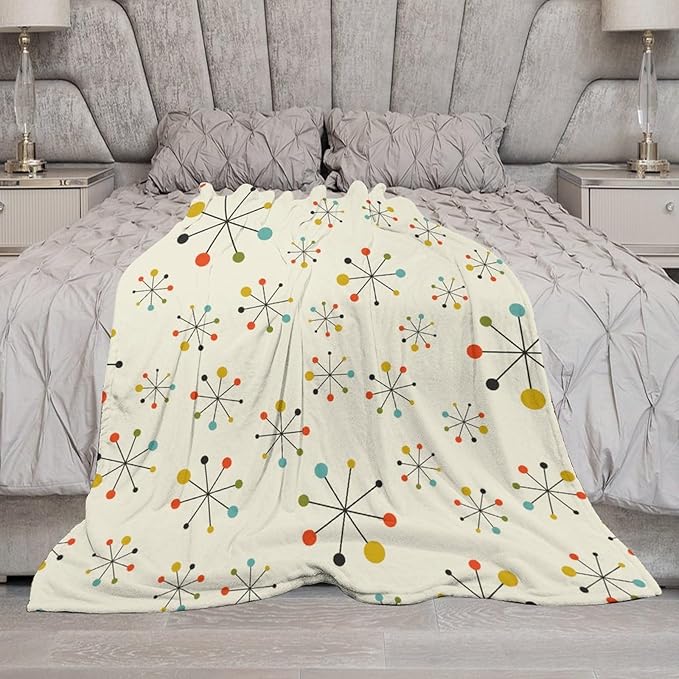 Mid Century Throw Blanket, Retro Abstract Geometric Pattern Boho 1950s 1960s Iconic Atomic Starbursts Modern Sputnik Print Blanket for Couch Sofa Bed Decorative Gifts 60"x80"