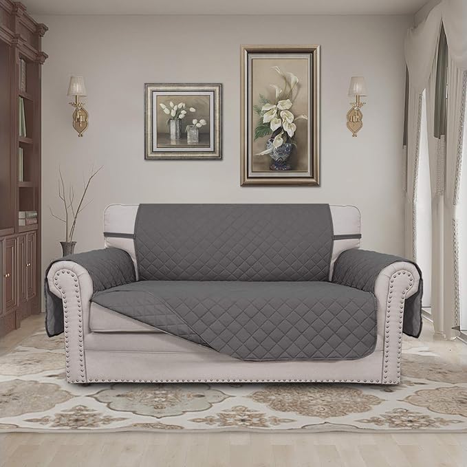 Easy-Going Reversible Loveseat Couch Cover for 2 Cushion Couch Sofa Cover for Dogs Water Resistant Furniture Protector with Foam Sticks Elastic Straps for Pet (Loveseat, Gray/Gray)