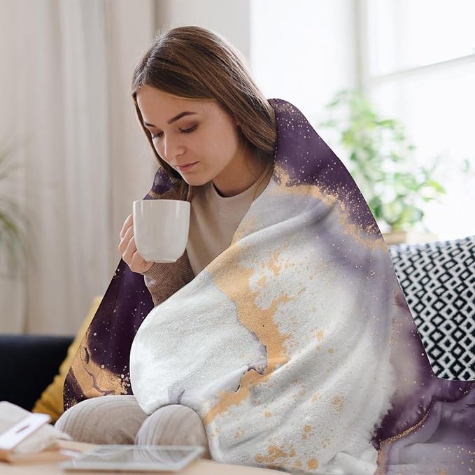 Modern Marble Blanket, Abstract Luxury Baroque Golden Purple White Stone Veins Pattern Soft Warm Cozy Plush Flannel Covers for Livingroom Bedroom Couch Chair Camping Travel Home Decor Tapestry 50x60in