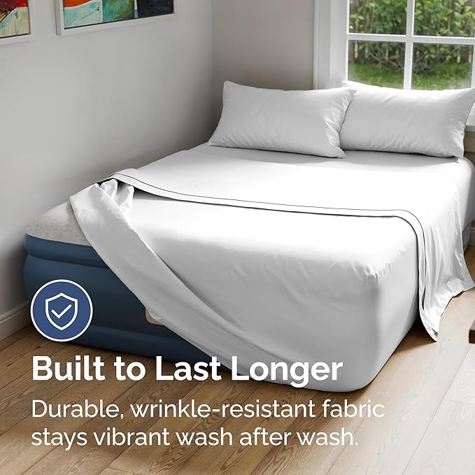 Air Mattress Sheet Set for King Size - 4 Piece Breathable & Cooling Sheets w/Extra Deep Pockets - Fits Inflatable & Blow Up Air Mattresses Up to 24 Inches Thick - Ultra Soft & Wrinkle Free - White