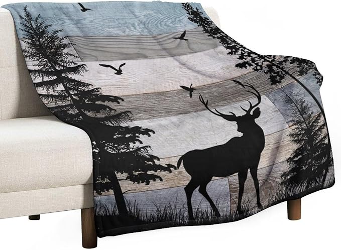 Rustic Deer Throw Blanket, Retro Cabin Farmhouse Country Lodge Blue Brown Wooden Board Wild Forest Animals Deer Bird Print Warm Cozy Blanket for Bed Couch Sofa Travel, 40"x50"