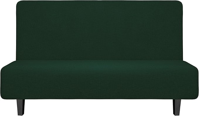 Easy-Going Stretch Futon Slipcover Armless Futon Bed Cover Furniture Protector Without Armrests with Elastic Bottom for Kids, Soft Jacquard Fabric Small Checks (Medium, Dark Green)