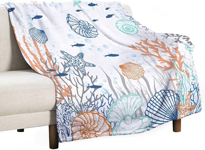 Nautical Coastal Blanket, Starfish Seashell Coral Beach Themed Drapes Ocean Orange Blue Teal Conch Print Throw Blankets for Sofa Couch Bed Room Birthday Decor, 50"x60"