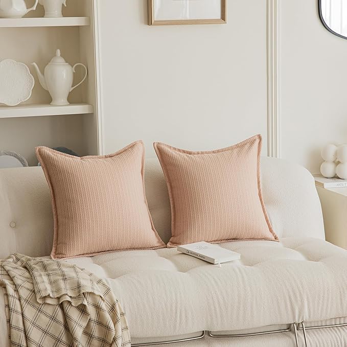 Set of 2 Cozy Striped Herringbone Flange Throw Pillow Covers, Aesthetic Embossed Pattern Pillow Covers for Couch and Bed - 18"x18", Melon