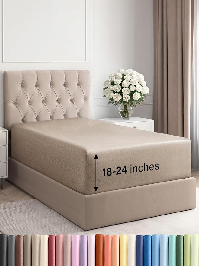 Extra Deep Twin XL Fitted Sheet - Hotel Luxury Single Fitted Sheet Only - Easily Fits 18 to 24 inch Mattress - Soft, Wrinkle & Fade Free with Extra Deep Pockets - Breathable & Comfy - Heathered Beige
