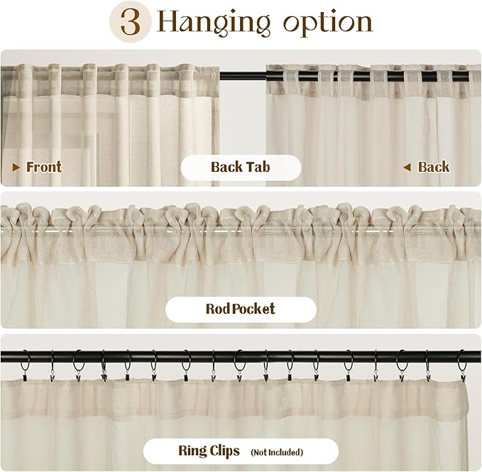 Dreaming Casa Taupe Sheer Curtains 102 Inches Long, Rod Pocket & Back Tab Light Filtering Textured Sheers for Living Room Bedroom, 2 Panels, Each 100" W x 102" L