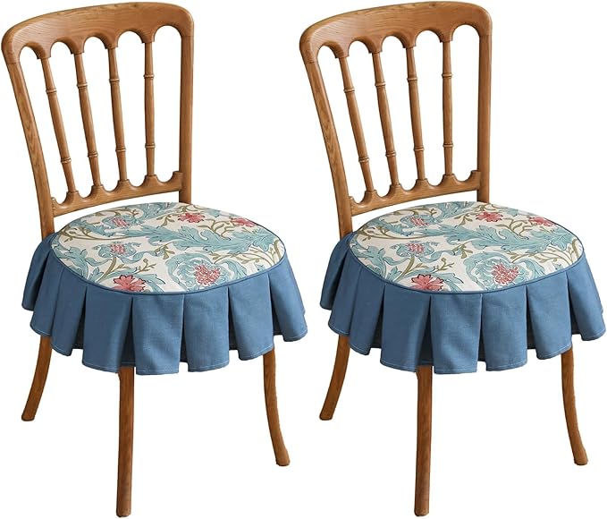 patdrea Pack of 2 Chair Cushions for Dining Chairs with Ruffled, Blue Floral Seat Cushion with Ties,Removable,Non Slip Chair Pads Decor for Bar Stool Cushions, Indoor Kitchen Chairs, 17.7"x17.7"