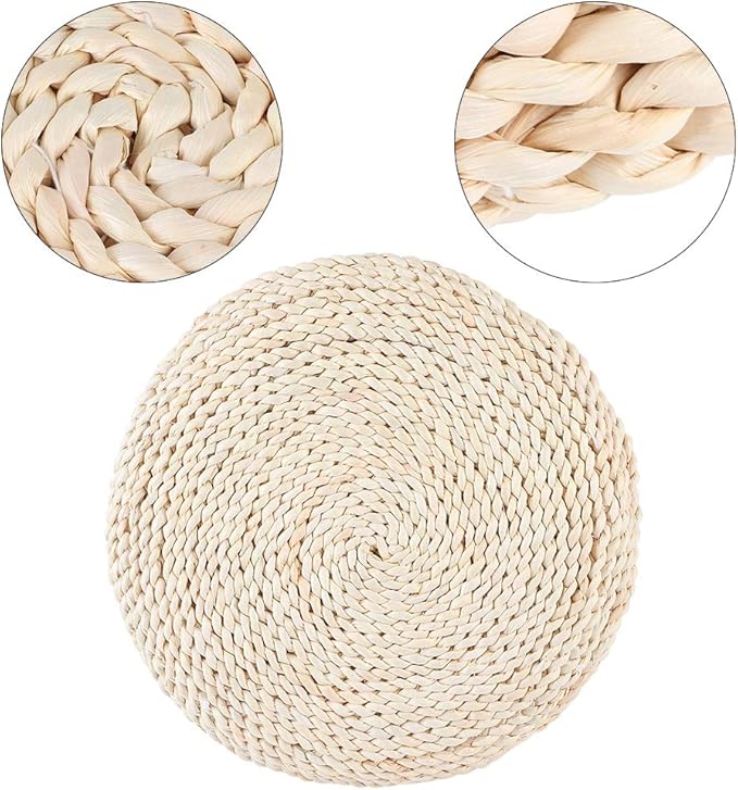 Japanese Round Tatami Hand Woven Floor Cushion, Meditation Yoga Mat, Corn Bran Pouf with Silk Floss Filler, Ergonomic for Zen Tea Ceremony, Home Decor, 40x40x6cm