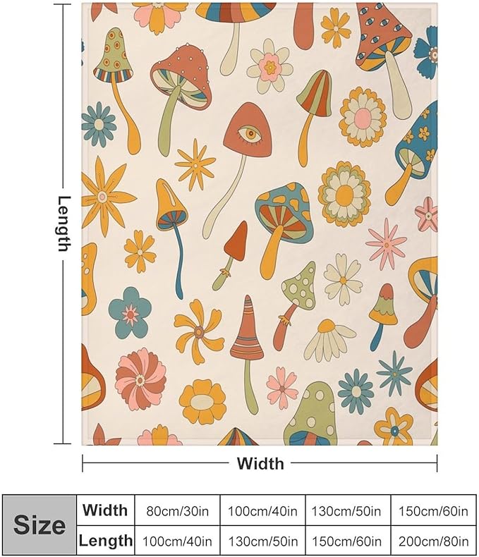 70s Mushroom Throw Blanket, Retro 60s Groovy Mushroom Boho Hippie Flowers Print Blanket for Kids Baby Bedroom Sofa Holiday Decor 40"x50"