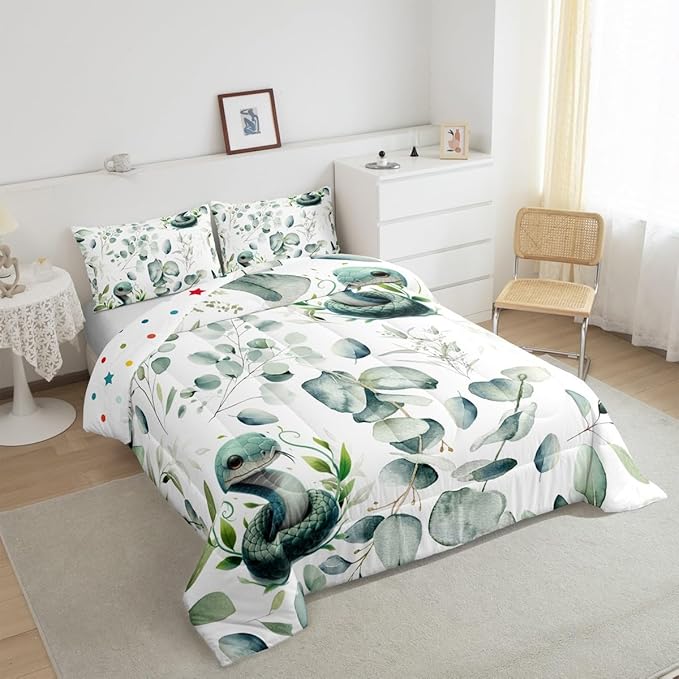 Erosebridal Cute Snake Toddler Bedding Sets for Kids Child Green Eucalyptus Comforter Set, Wild Animal Bedding Comforter Sets Botanical Plant Leaves Duvet Insert, Cartoon Wildlife Down Comforter