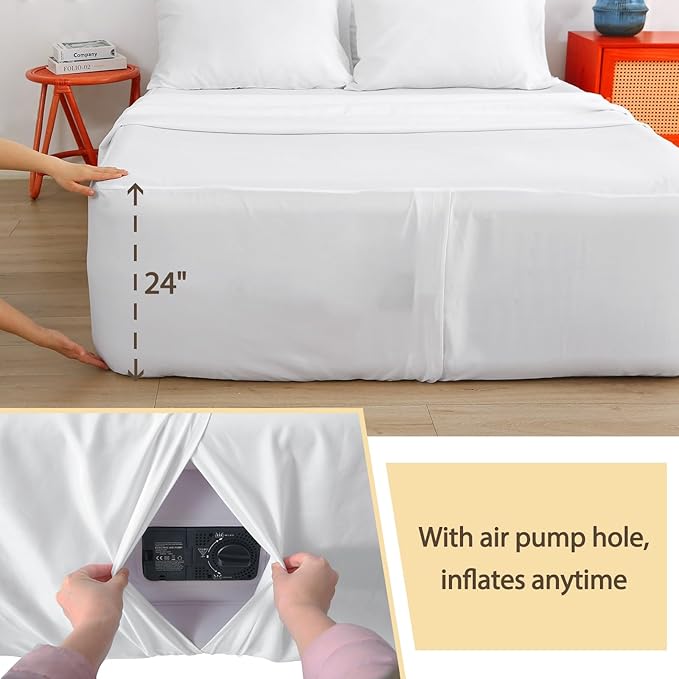 Air Mattress Sheet Set Full Size,6 Piece Deep Pocket Bed Sheet Set for 16-24 Inch Air Bed,Easy Inflate Access,Perfect for Guest Room, RV, Camping,White