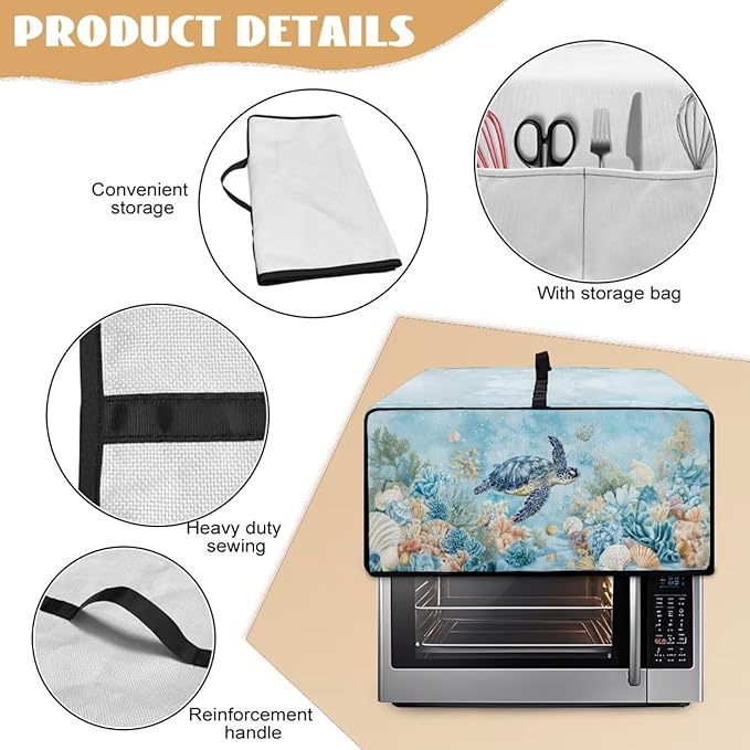 Air Fryer Toaster Oven Cover with Pockets, Dustproof Electrical Appliance Cover for Kitchen Countertop, S, 14.5 x 18.5 x 9 Inches, Sea Turtle Seashell Coral Reef Blue