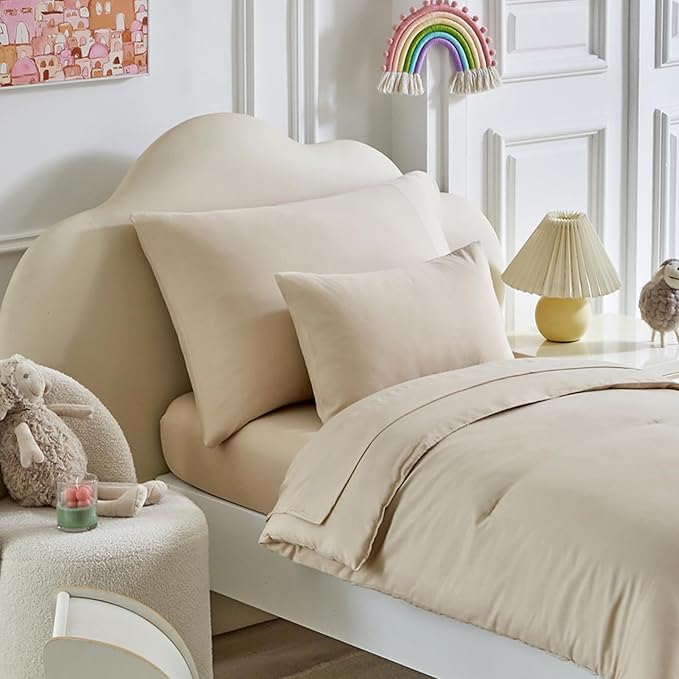 Toddler Bedding Set - 5 Piece Soft and Breathable Toddler Bed Set for Boys and Girls, Includes Quilted Comforter, Fitted Sheet, Flat Top Sheet, Standard Pillowcase and Toddler Pillowcase, Cream Beige