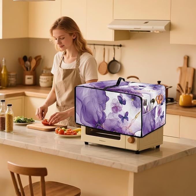 Countertop Microwave Oven Cover with Side Pockets, Dust Protection Small Appliance Toaster Ovens Dust Cover, M, 16.5 x 20.5 x 10 Inches, Violet White Marble Butterfly