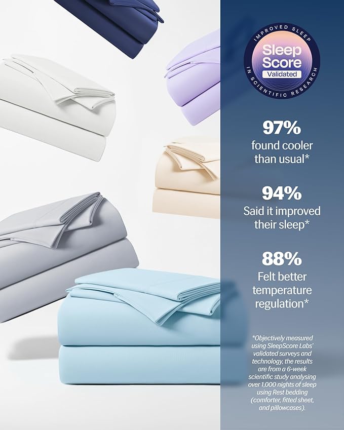 REST® Evercool®+ Cooling Sheet Set, Queen Size, Light Blue, Breathable Bed Sheets for Hot Sleeper and Night Sweats, with Pillowcases, with Ionic+ Self-Cleaning Silver Yarn for Sensitive Skin, 4PCS