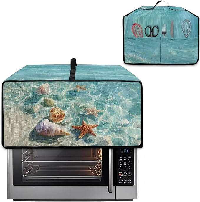 Toaster Oven Cover Washable Small Kitchen Appliance Dust Cover with Pockets, for Air Fryer Toaster Ovens, Microwaves, M, 16.5 x 20.5 x 10 Inches, Blue Beach Starfish Seashell Conch Whelk