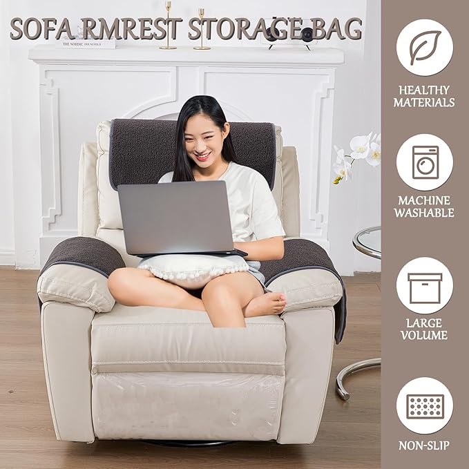 Armrest Cover, Recliner Chair Protector, Furniture Protector Slip, Side Storage Pocket, Stretch Armchair Couch Arm Rest Cover for Recliner, Chair, Sofa (Dark Gray,2 Seater(4pcs))
