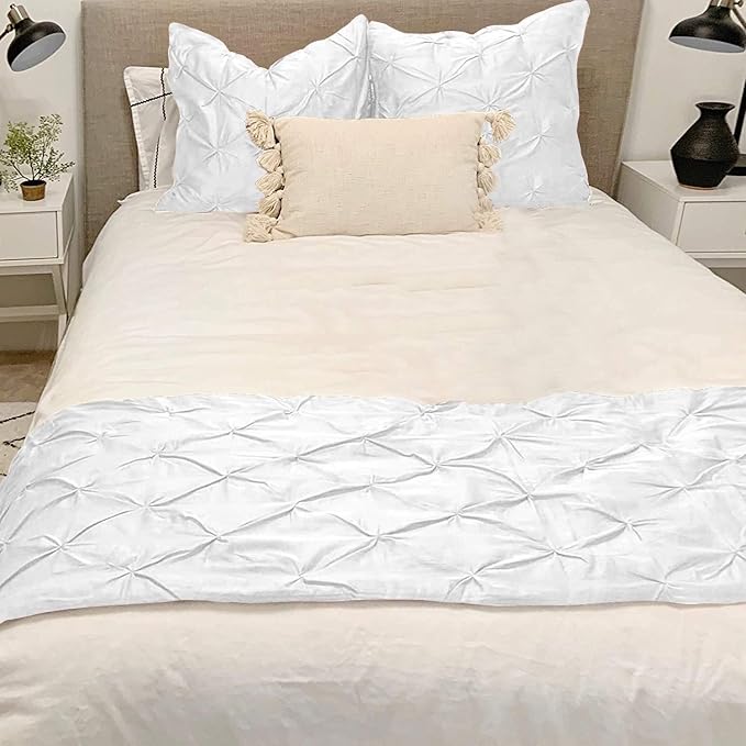 Bed Runner Set - 100% Pure Cotton 800 Thread Count - Luxury 1 Pinch Pleated Bed Runner and 2 Pillow Cover - 3 Piece Pinch Pleated Bed Runner Set California King, White