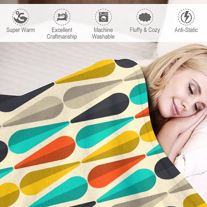 Mid Century Throw Blanket, Modern Drop Shape Retro Colors Boho Orange Teal Black Geometric Pattern Throws Blankets for aby Toddler Dog Cat 30"x40"