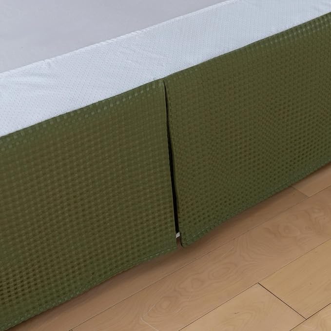 King Bed Skirt, Wrap Around Bed Skirt with Pleated Corner, 18 Inch Drop Pleated Waffle Weave Bedskirts, Anti-Slip, Microfiber, Green, 18'' King