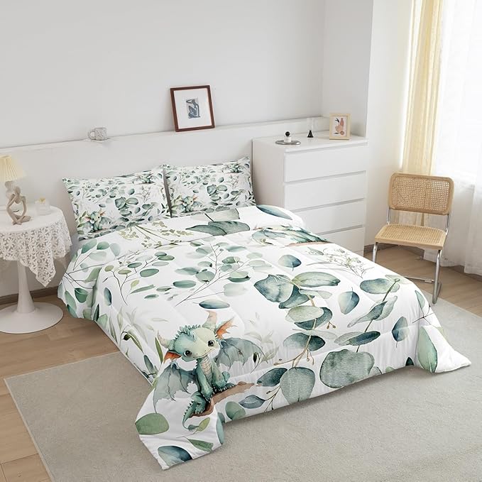 Erosebridal Boys Magic Animal Full Size Comforter Set Cute Dragon Bedding Set, Cartoon Wildlife Down Comforter Green Leaf Bed Set, Spring Garden Plant Quilted Duvet Child Kids Bedroom Decor