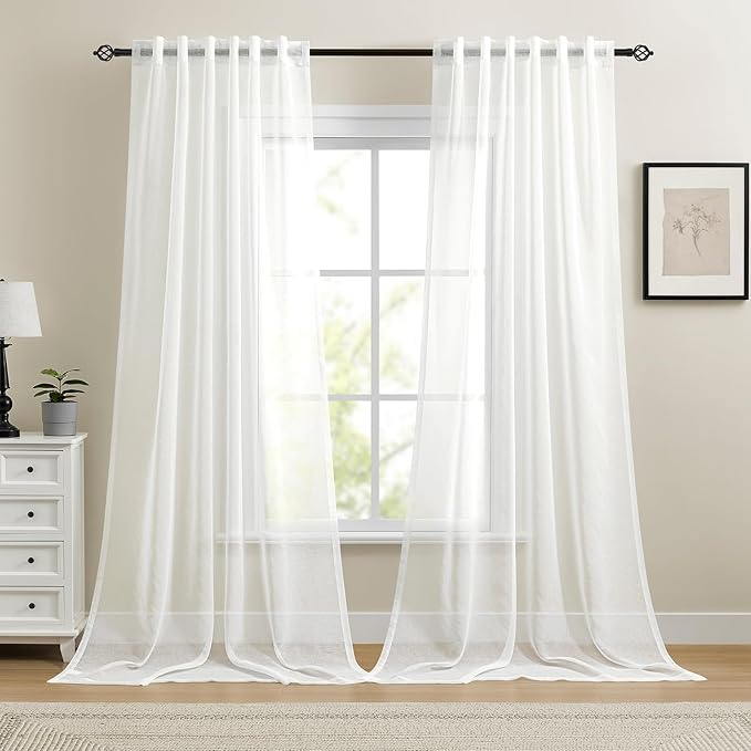 Dreaming Casa White Sheer Curtains 96 Inches Long, Rod Pocket & Back Tab Light Filtering Textured Sheers for Living Room Bedroom, 2 Panels, Each 52" W x 96" L