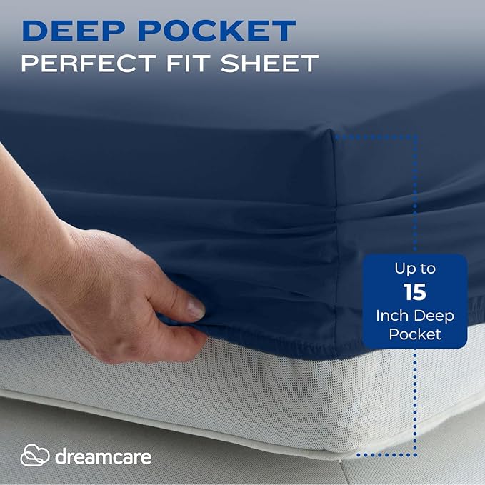 DREAMCARE Full Size Sheets - Cooling Bed Sheets - 4pcs Set - up to 15" Deep Pocket Full Sheet Set - Sheets Full Size Bed - Soft & Long Lasting 100% Fine Brushed Polyester with Side Pocket - Navy Blue