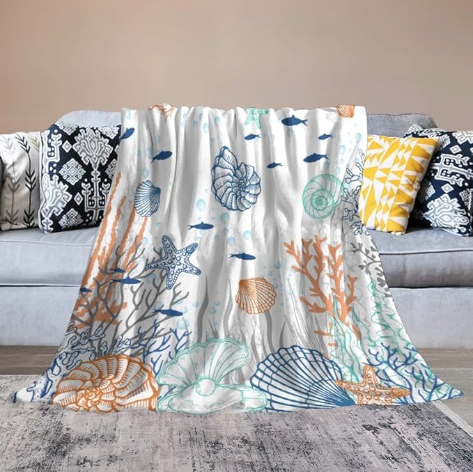 Nautical Coastal Blanket, Starfish Seashell Coral Beach Themed Drapes Ocean Orange Blue Teal Conch Print Throw Blankets for Sofa Couch Bed Room Birthday Decor, 50"x60"