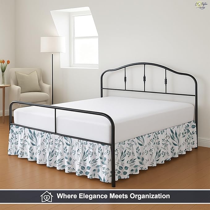 Cottington Lane Ruffled Bed Skirt King Size with Split Corner, Brushed Microfiber Hotel Quality Dust Ruffle, 15" Drop Gathered Bedskirt, Soft, Stylish, Shrink & Fade Resistant, Tranquil Green Petals