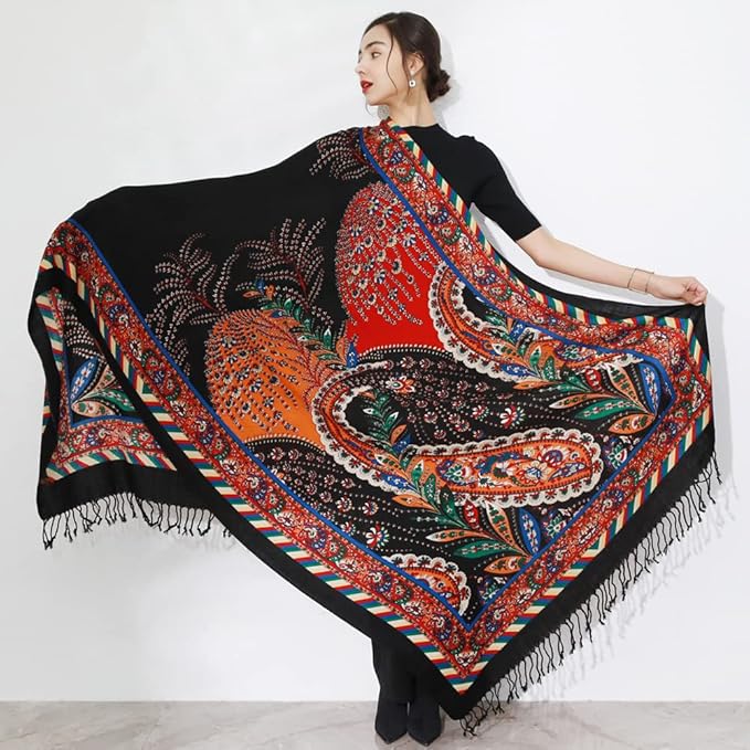 DANA XU 100% Merino Wool Pashmina Shawl for Women 96"x43", Oversized Cashmere Wrap with Tassels, Floral Travel Blanket Cape