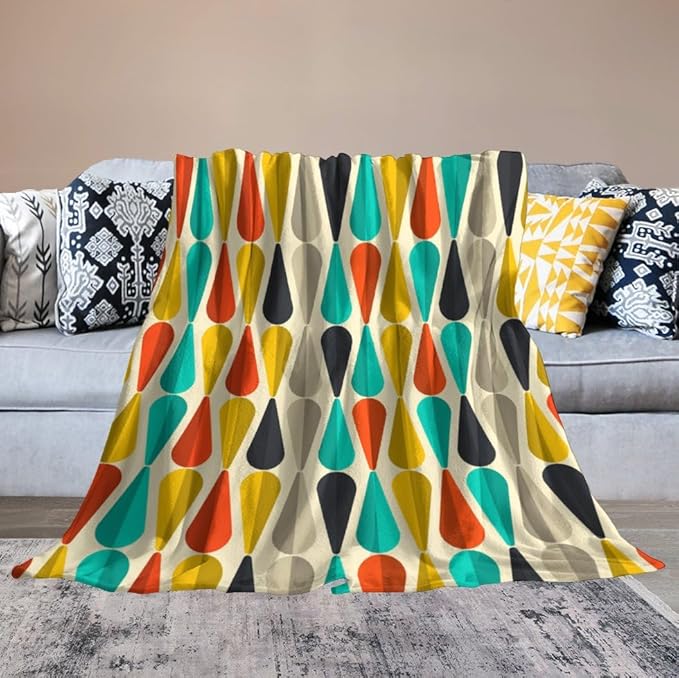 Mid Century Throw Blanket, Modern Drop Shape Retro Colors Boho Orange Teal Black Geometric Pattern Throws Blankets for aby Toddler Dog Cat 50"x60"